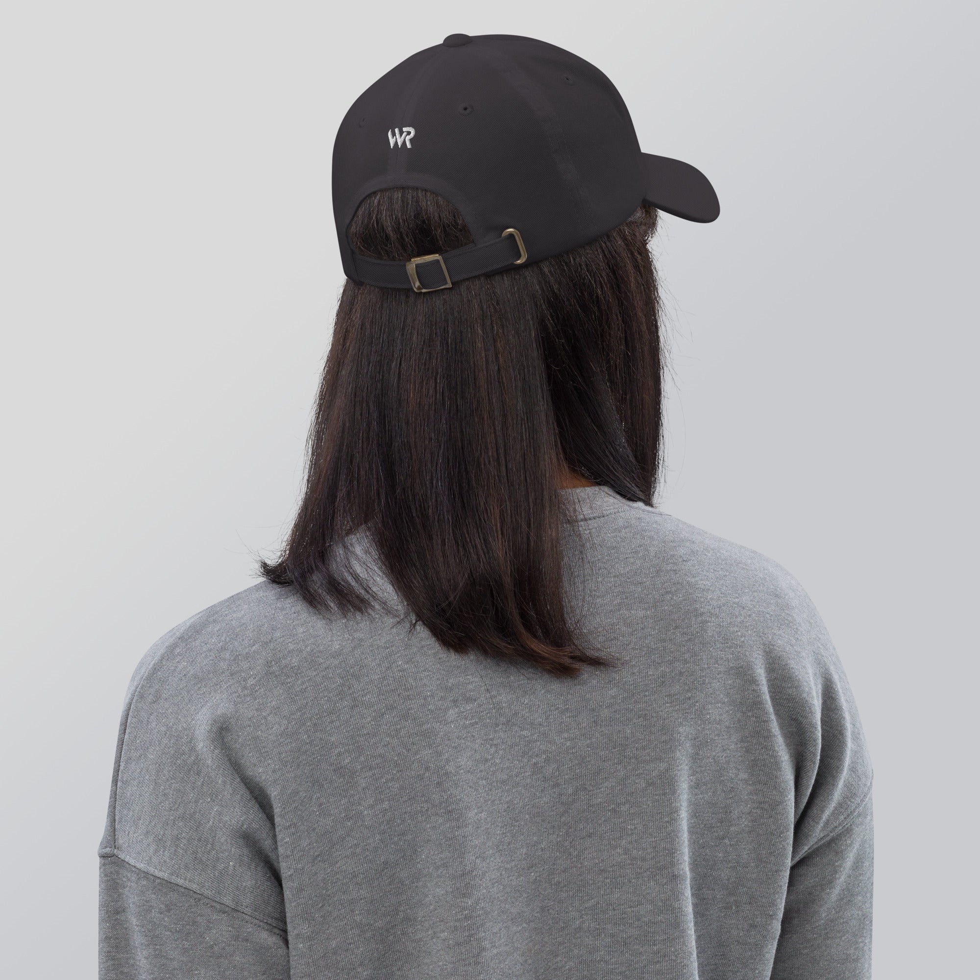 Unisex Classic baseball cap in dark gray with embroidered WHATEVR logo, front view