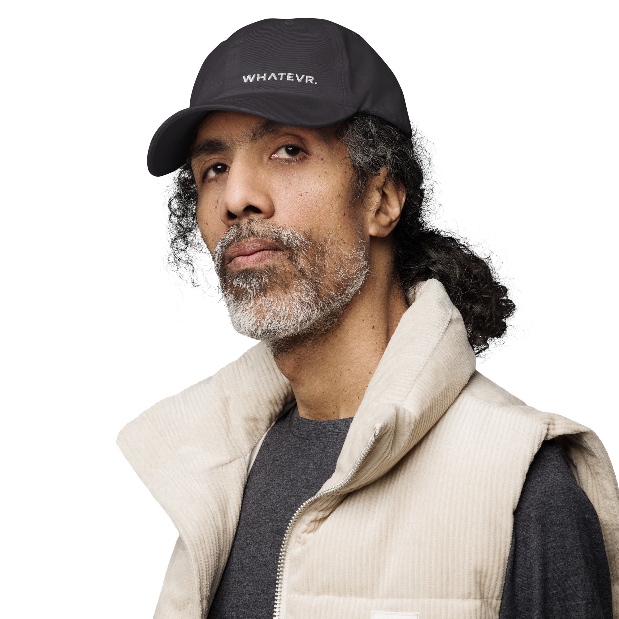 Unisex Classic baseball cap in dark gray with embroidered WHATEVR logo, front view