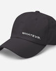 Unisex Classic baseball cap in dark gray with embroidered WHATEVR logo, front view