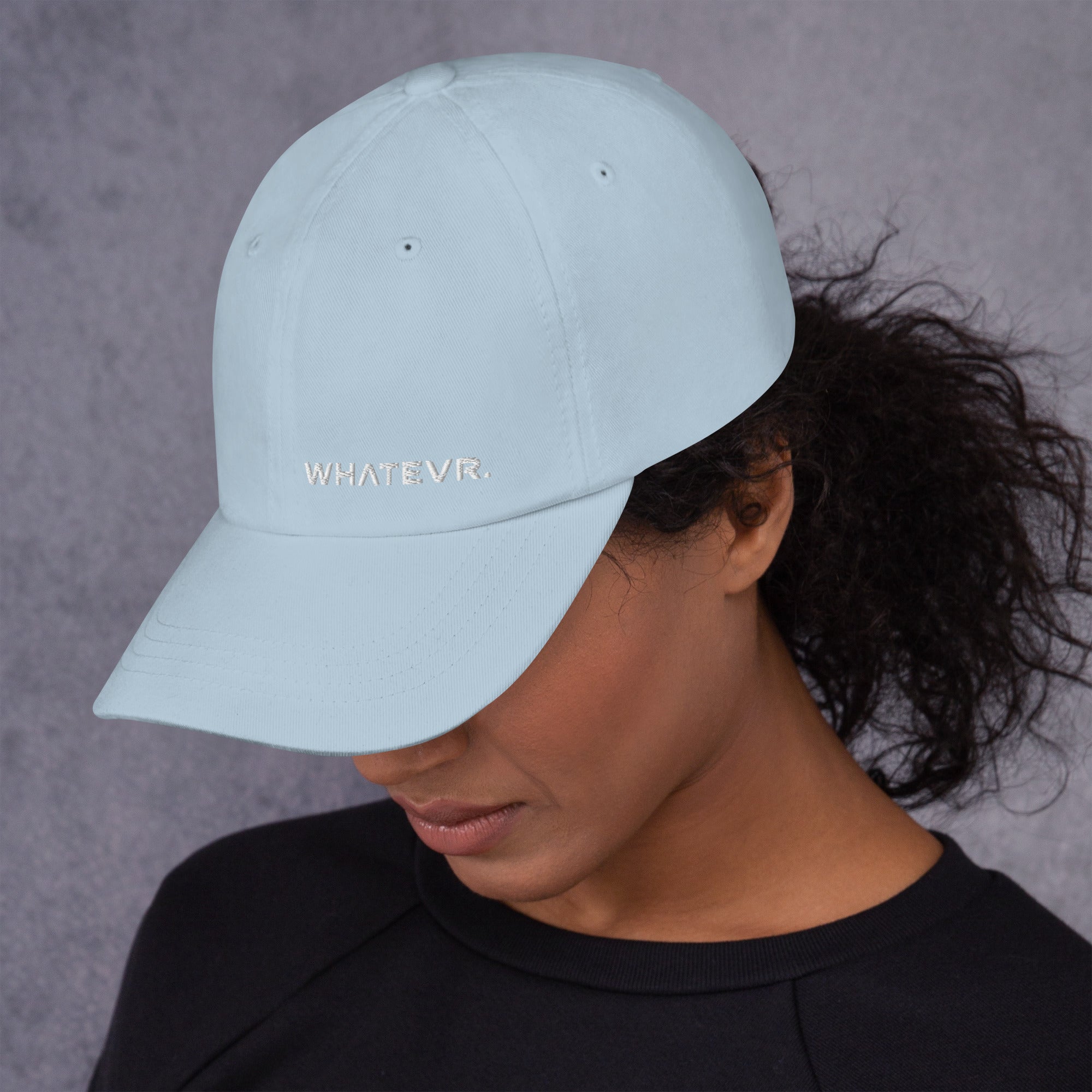 Unisex Classic baseball cap in light blue with embroidered WHATEVR logo, front view