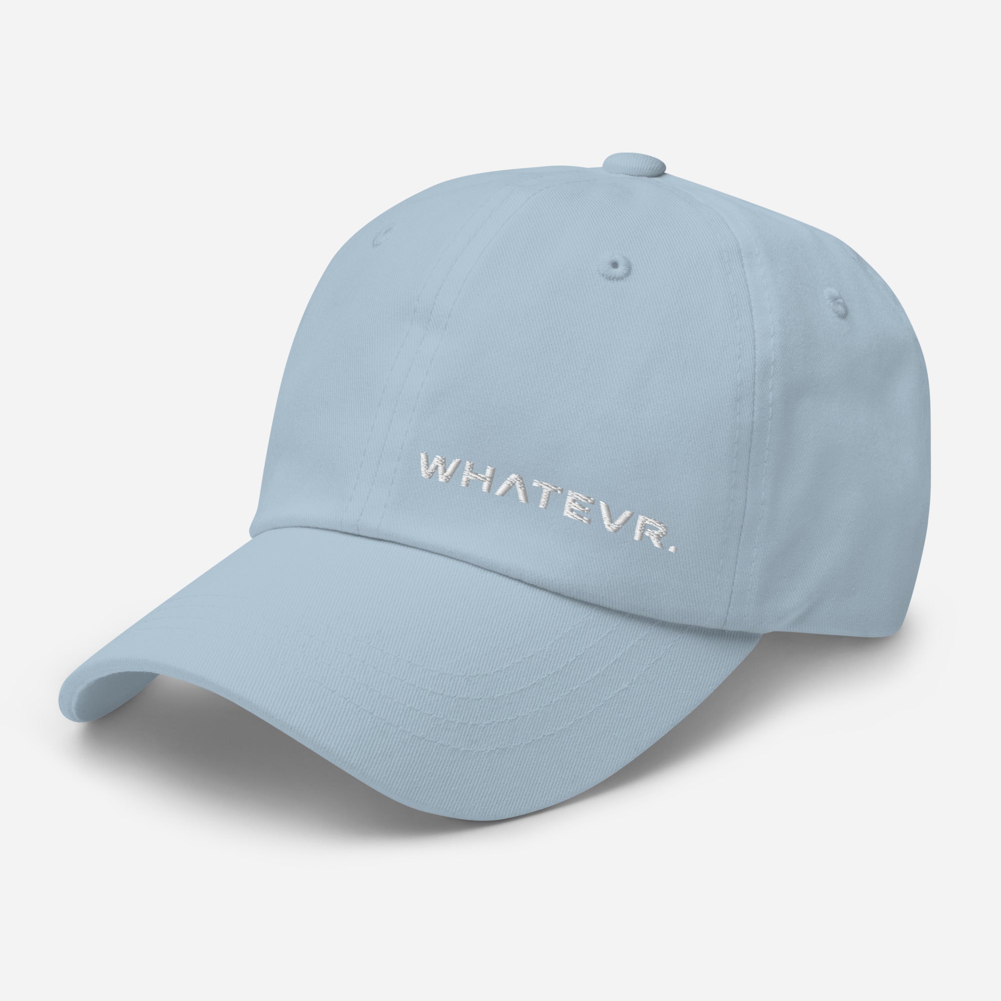Unisex Classic baseball cap in light blue with embroidered WHATEVR logo, front view