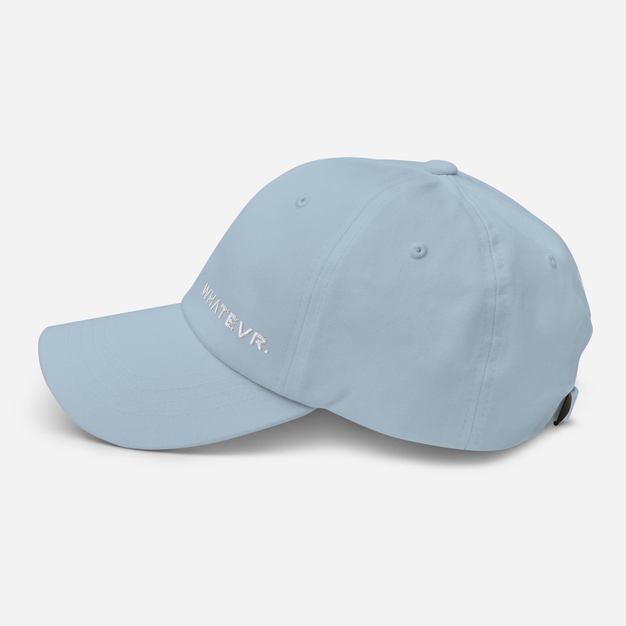 Unisex Classic baseball cap in light blue with embroidered WHATEVR logo, side view