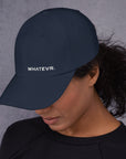 Unisex Classic baseball cap in blue with embroidered WHATEVR logo, front view