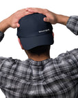Unisex Classic baseball cap in blue with embroidered WHATEVR logo, front view