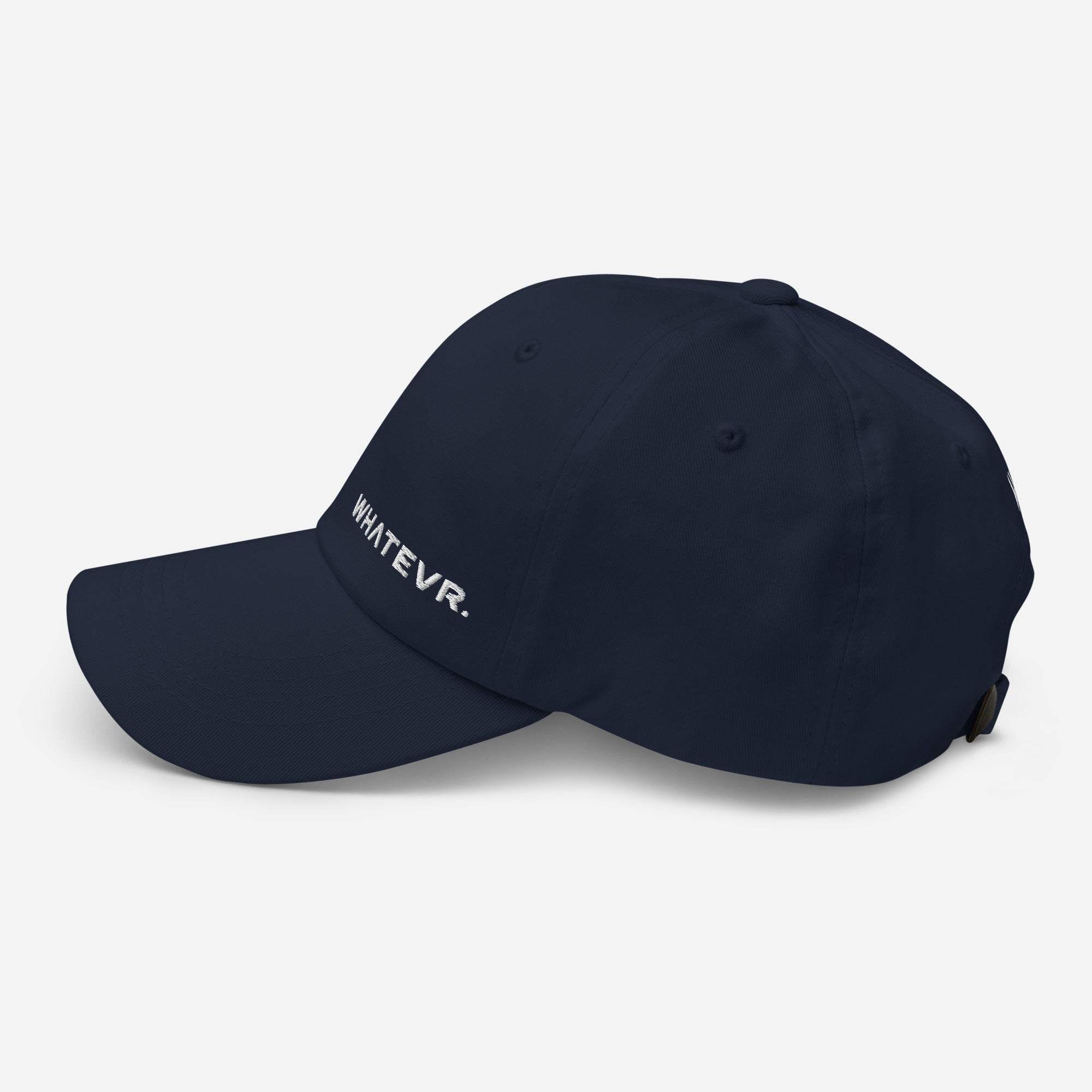 Unisex Classic baseball cap in blue with embroidered WHATEVR logo, side view