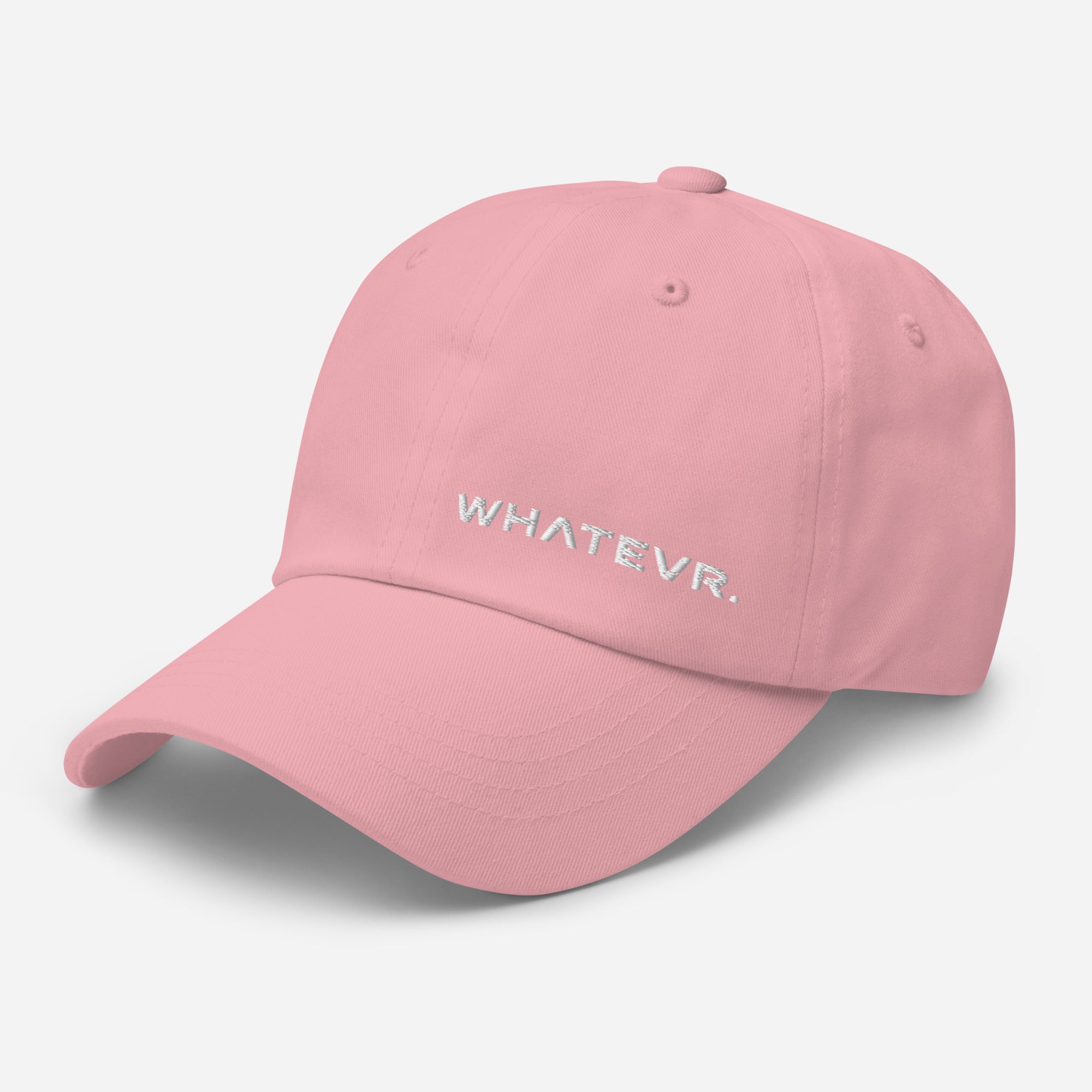 Unisex Classic baseball cap in pink with embroidered WHATEVR logo, front view