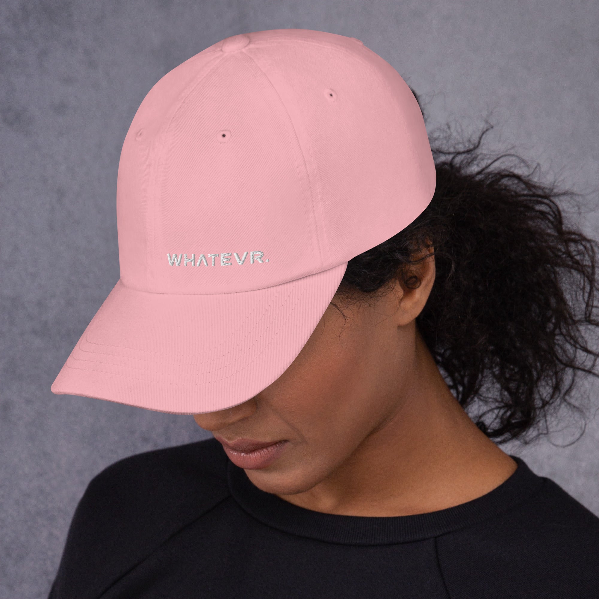 Unisex Classic baseball cap in pink with embroidered WHATEVR logo, front view