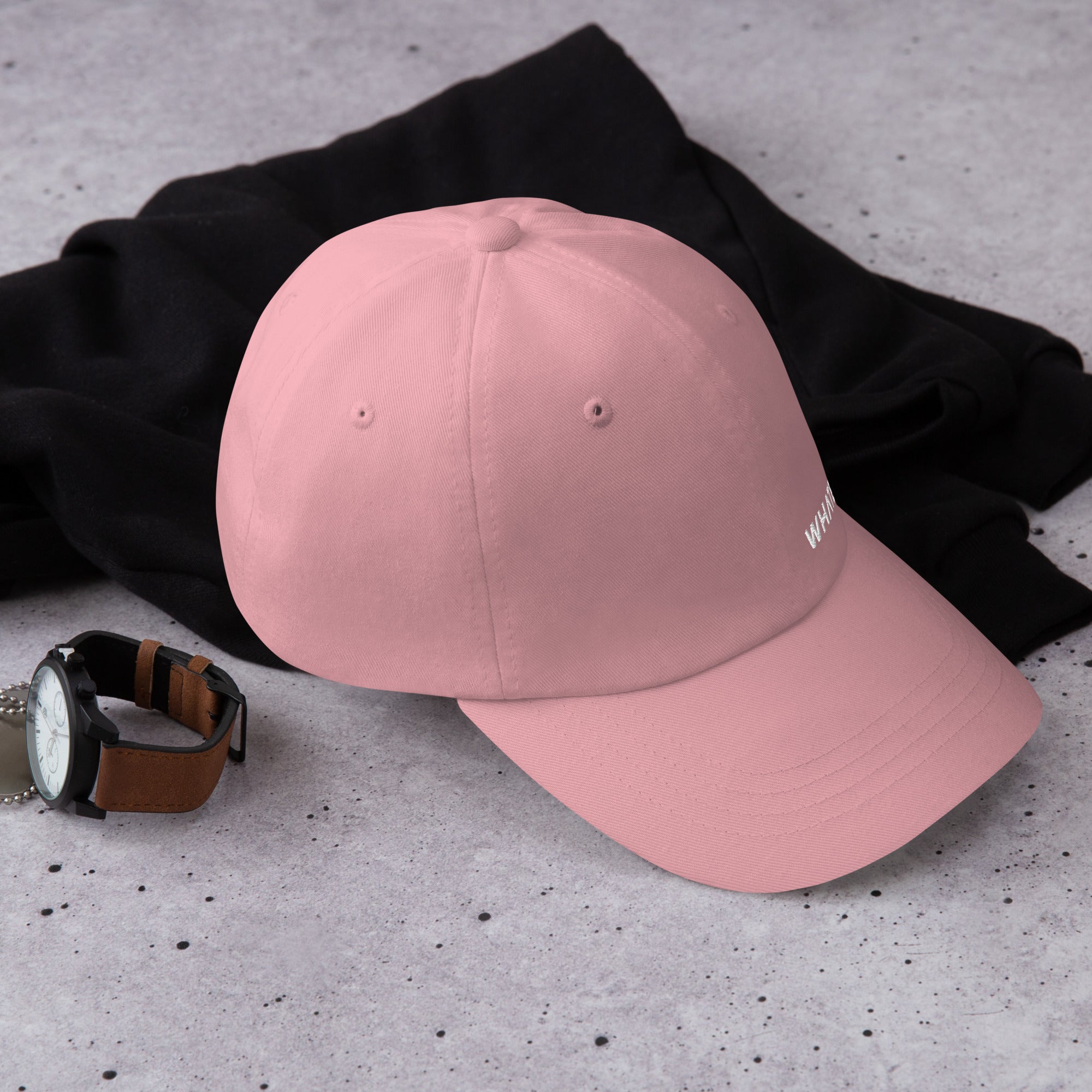 Unisex Classic baseball cap in pink with embroidered WHATEVR logo, front view