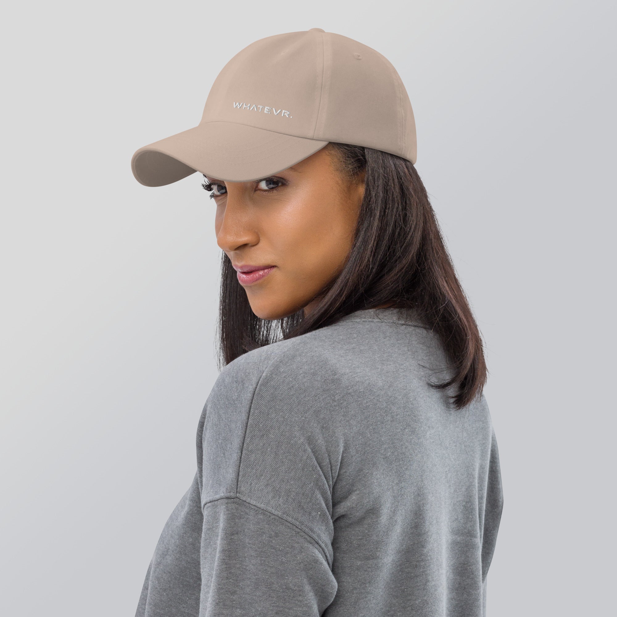Unisex Classic baseball cap in beige with embroidered WHATEVR logo, front view