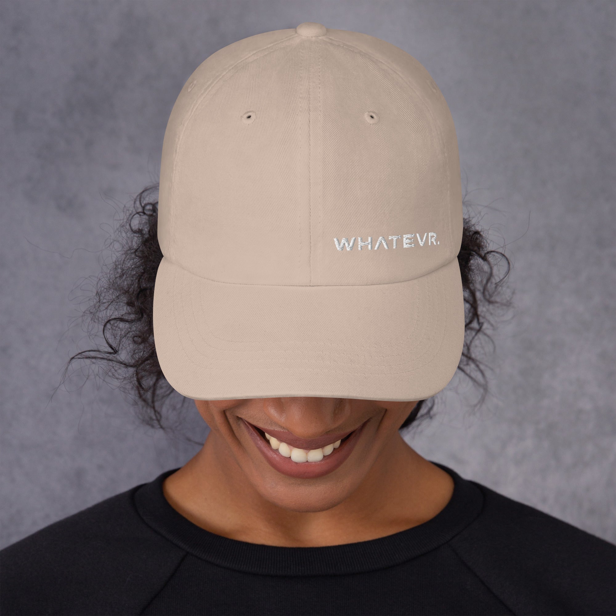 Unisex Classic baseball cap in beige with embroidered WHATEVR logo, front view