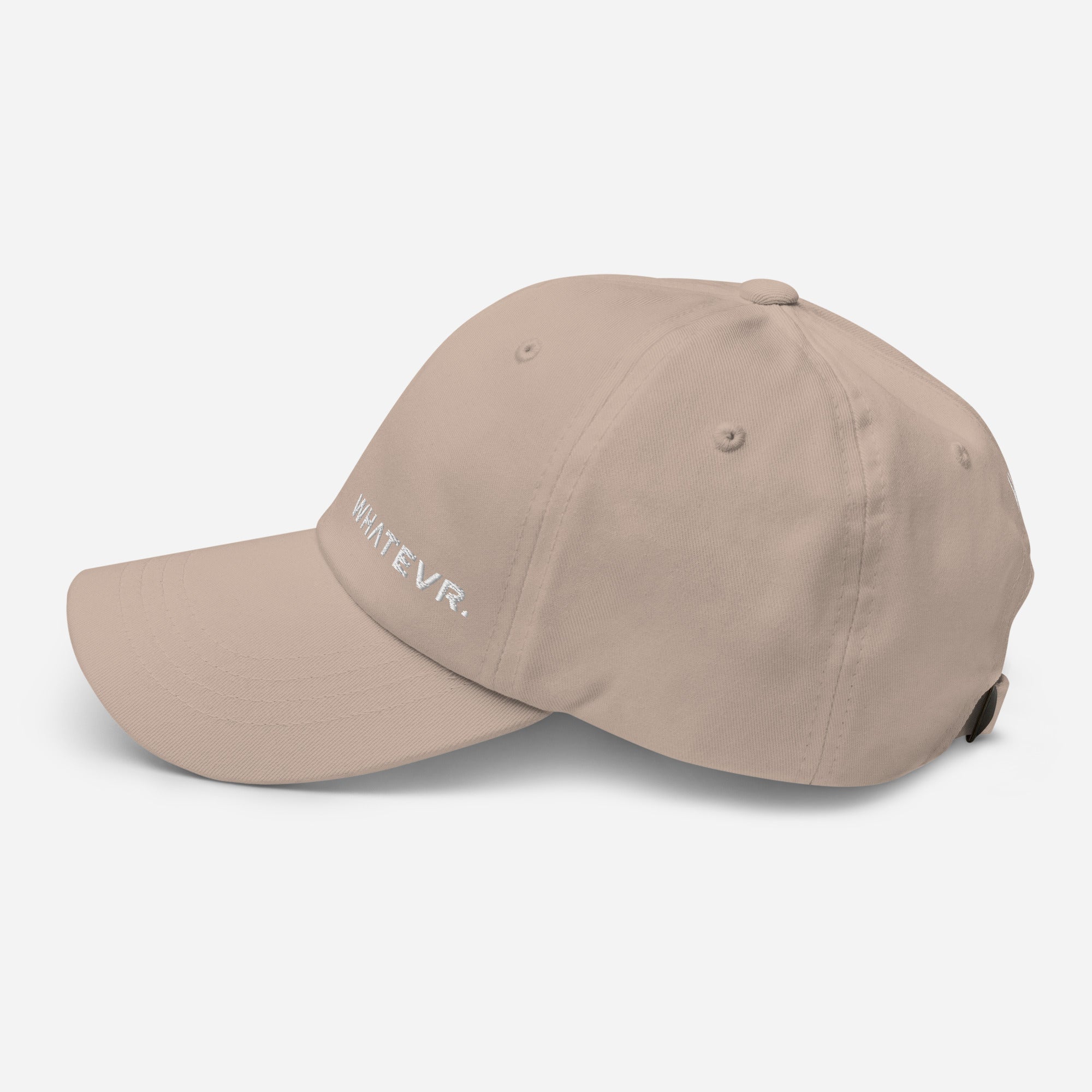 Unisex Classic baseball cap in beige with embroidered WHATEVR logo, side view