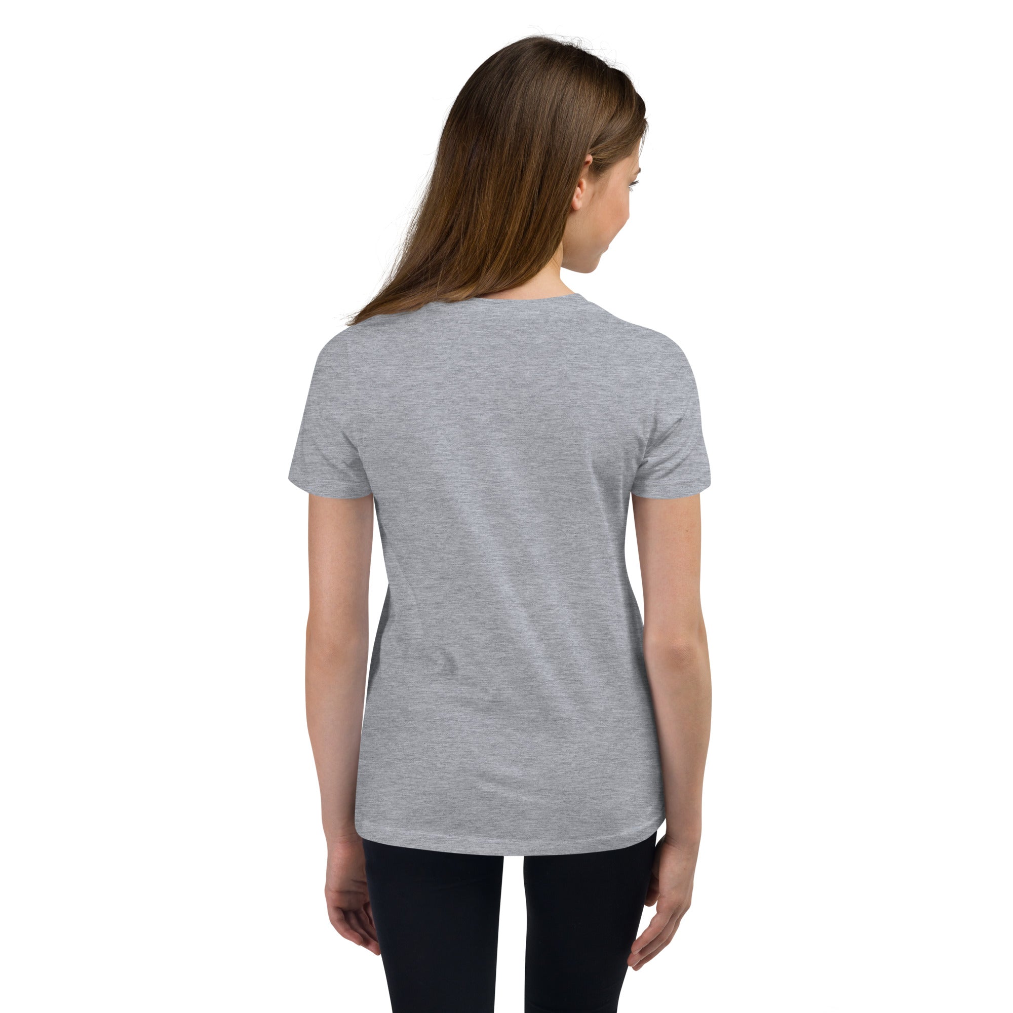 Girls essential lightweight t-shirt in ash heather, back view.