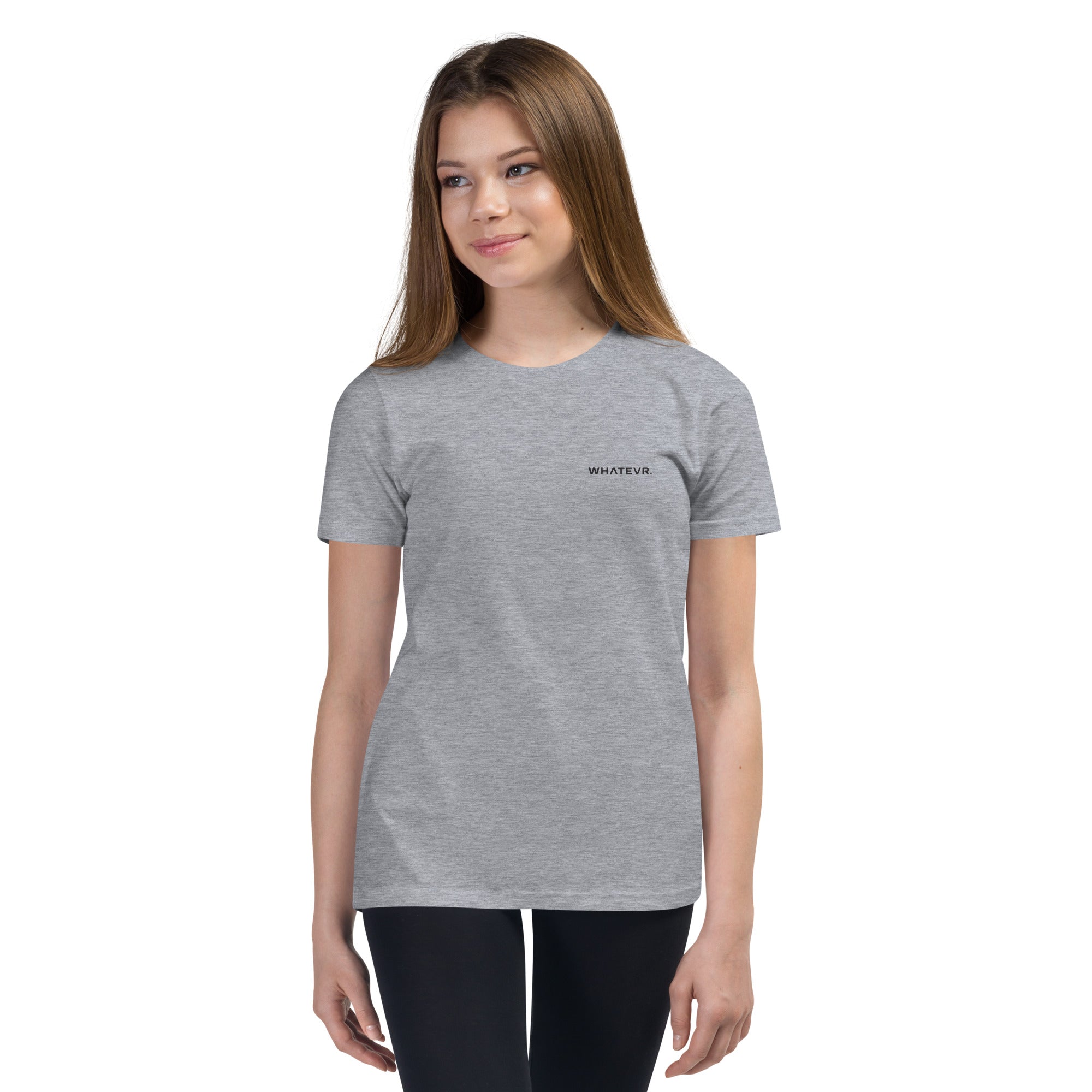 Girls essential lightweight t-shirt in ash heather, front view.