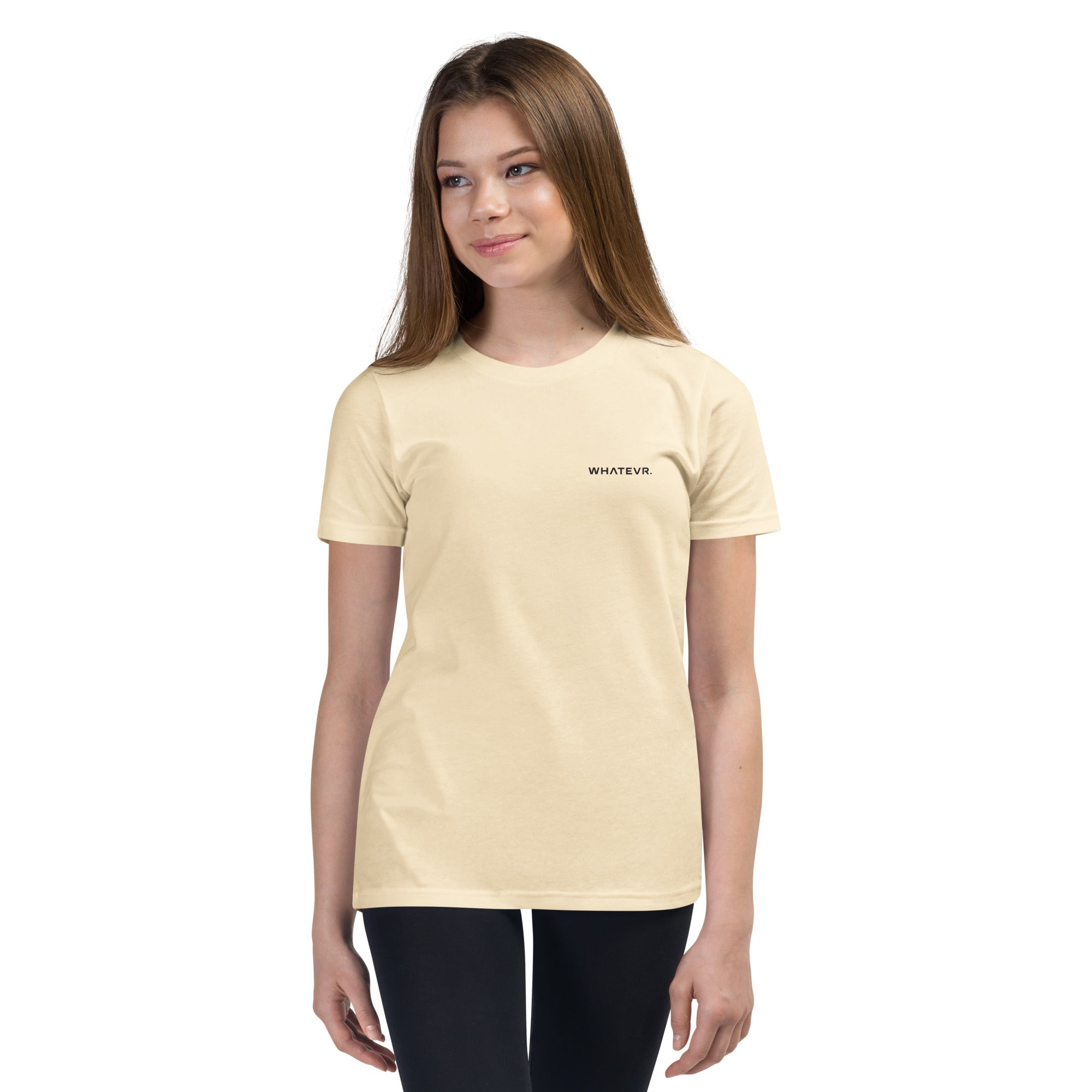 Girls essential lightweight t-shirt in beige, front view.