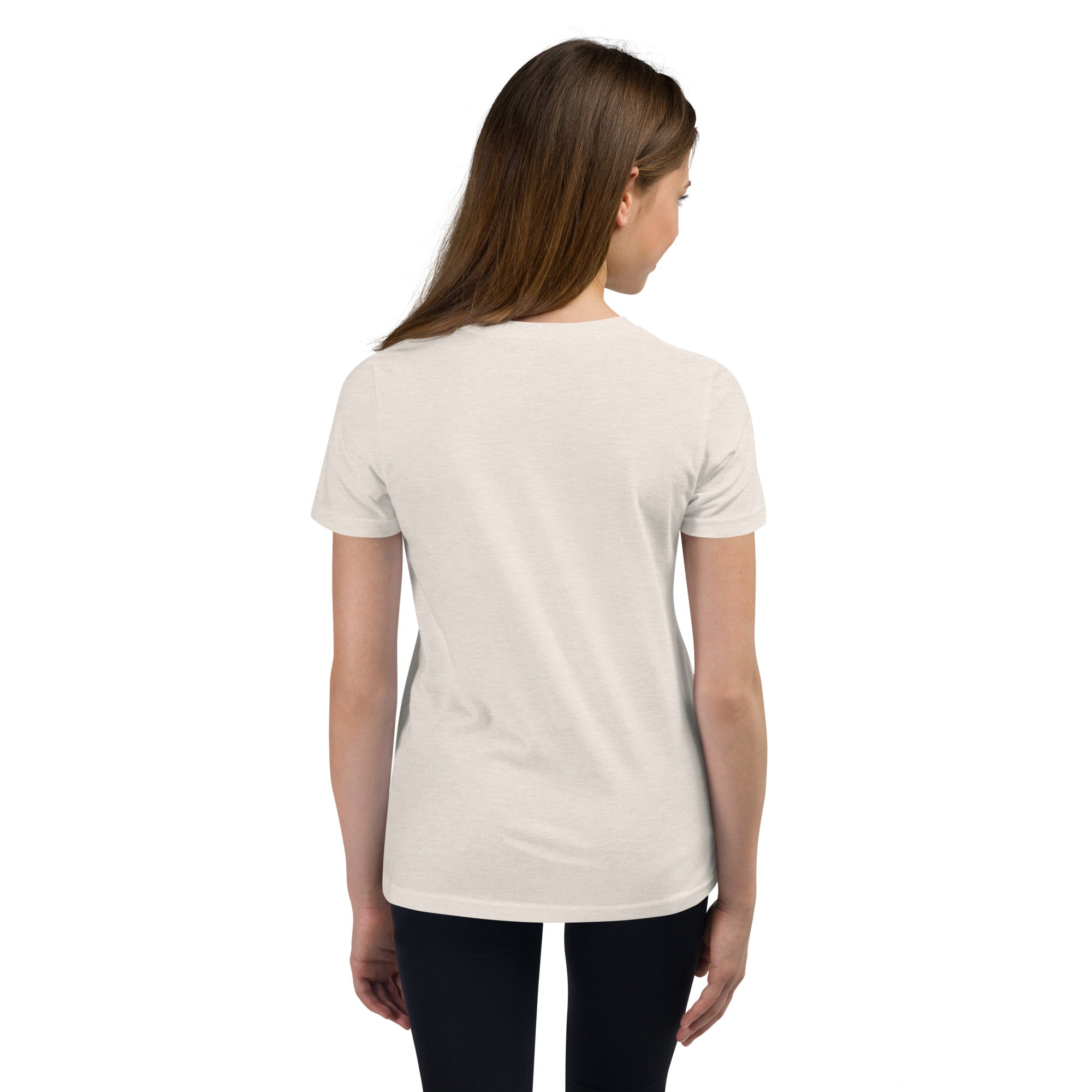 Girls essential lightweight t-shirt in bone, back view.