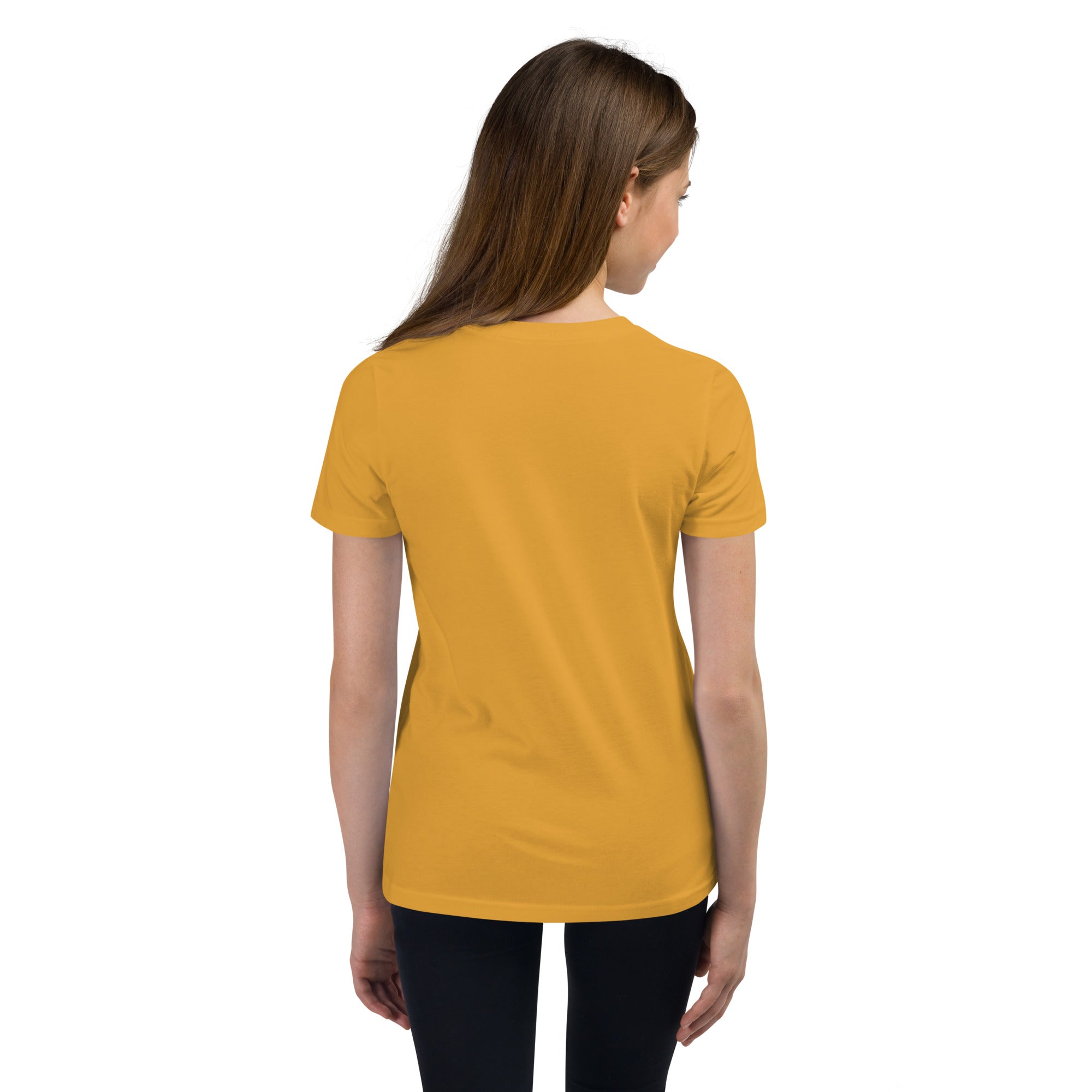 Girls essential lightweight t-shirt in mustard, back view.