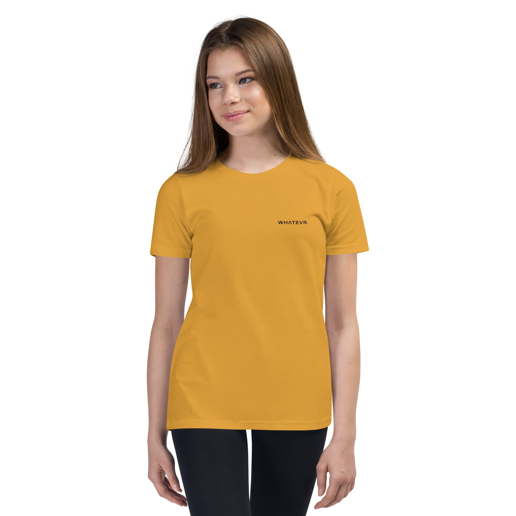 Girls essential lightweight t-shirt in mustard, front view.