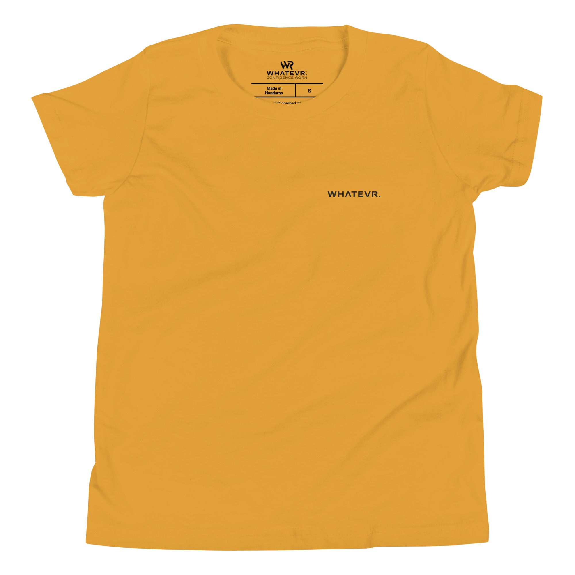 Girls essential lightweight t-shirt in mustard, front view.
