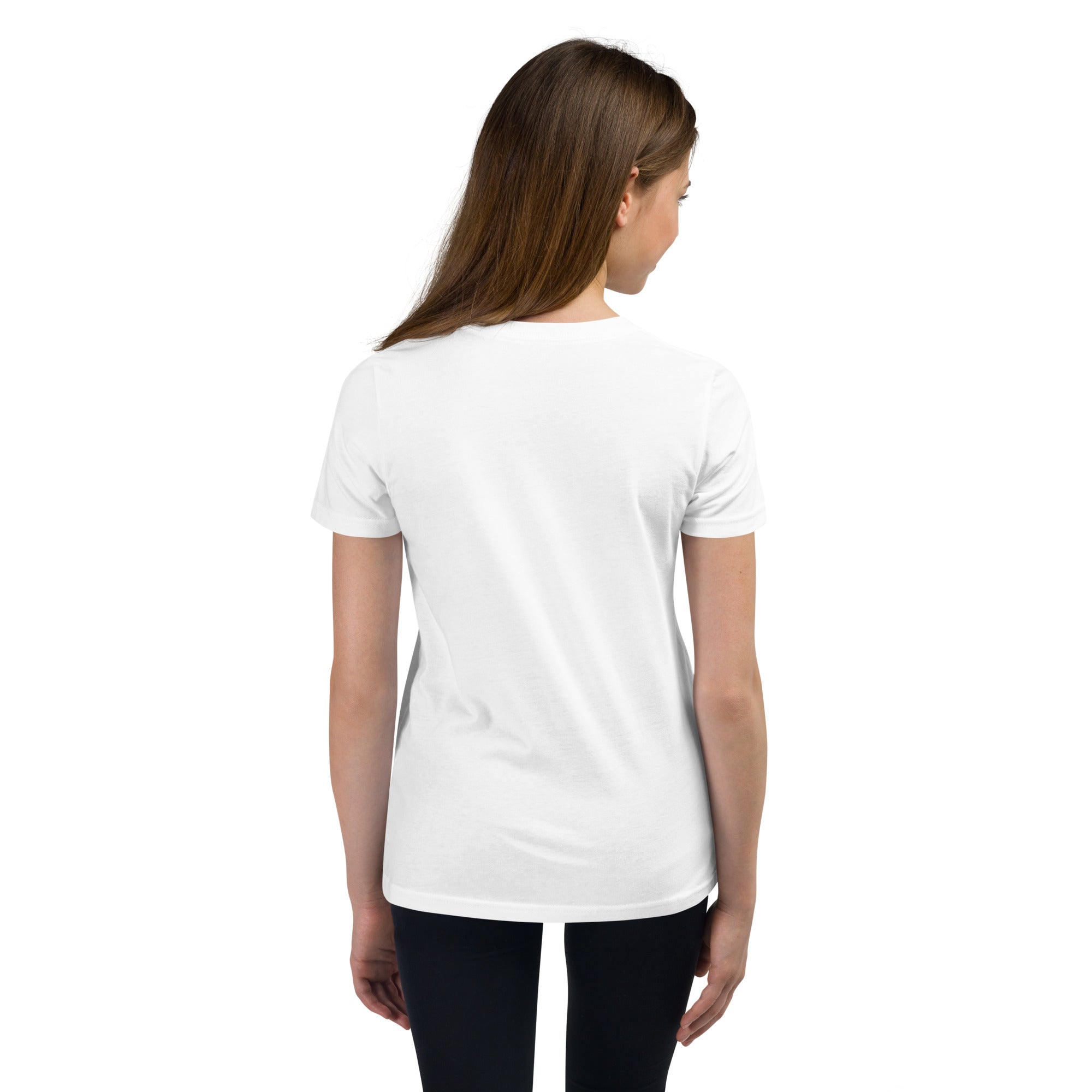 Girls essential lightweight t-shirt in white, back view.