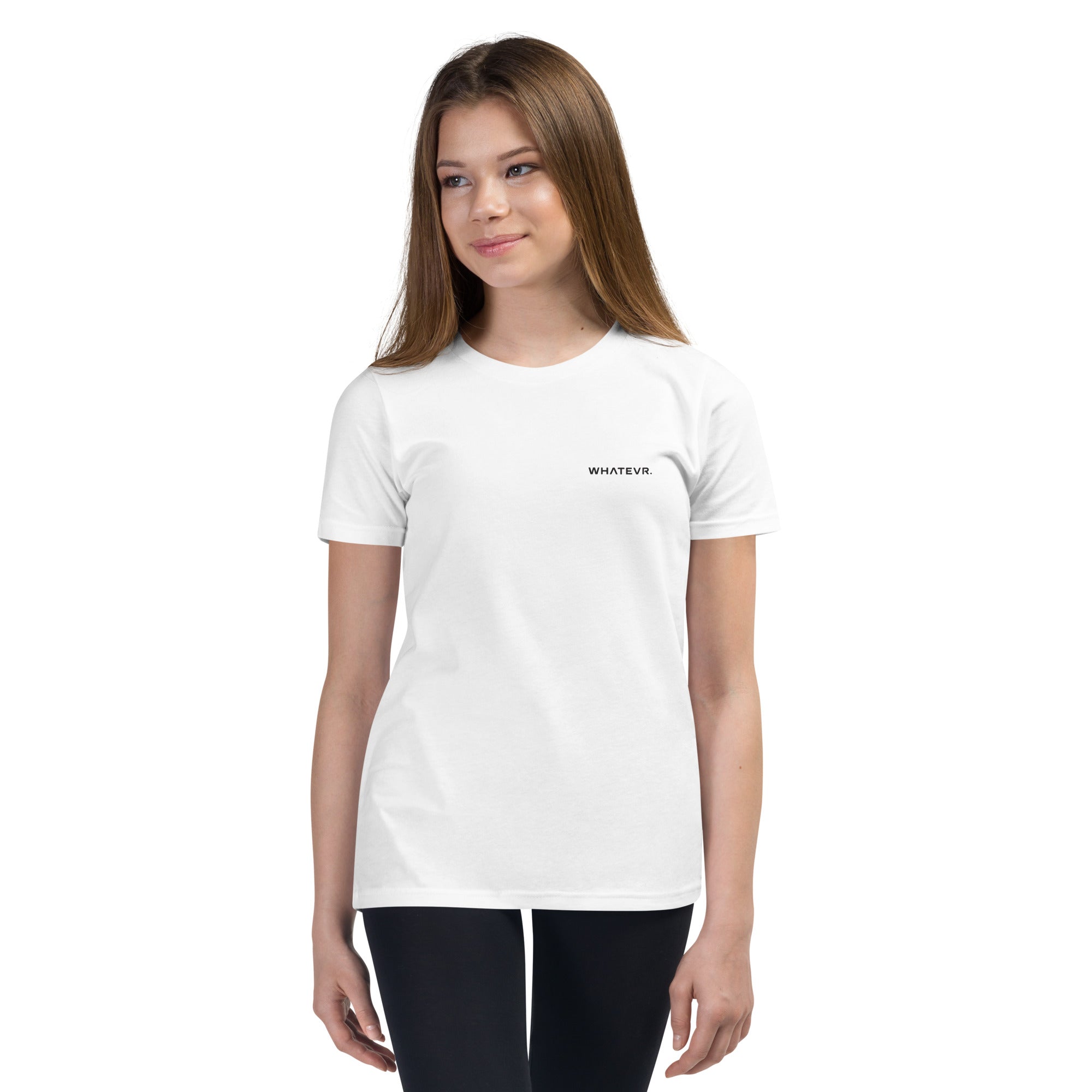 Girls essential lightweight t-shirt in white, front view.