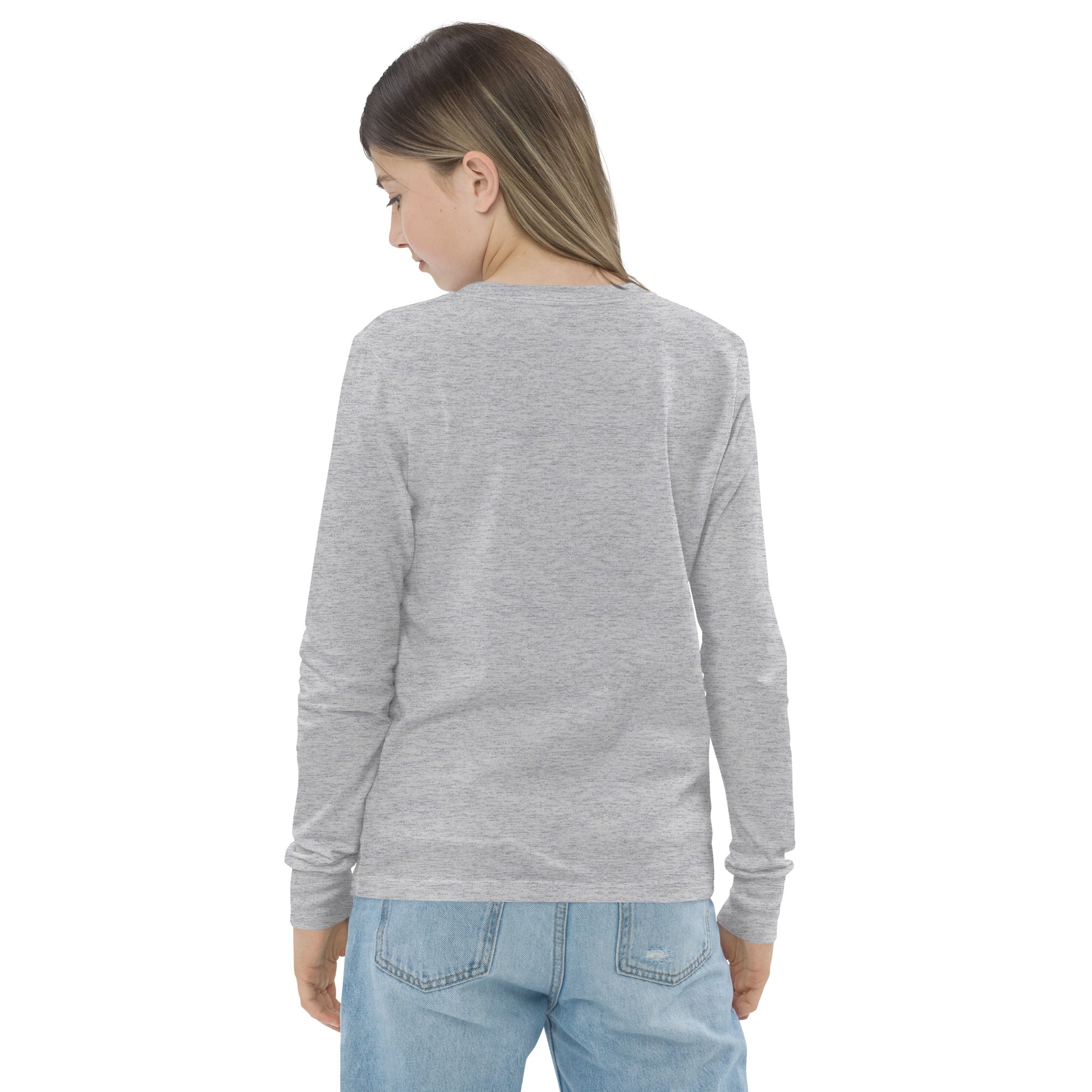 Girls essential long sleeve t-shirt in athletic heather, back view.