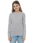 Girls essential long sleeve t-shirt in athletic heather, front view.