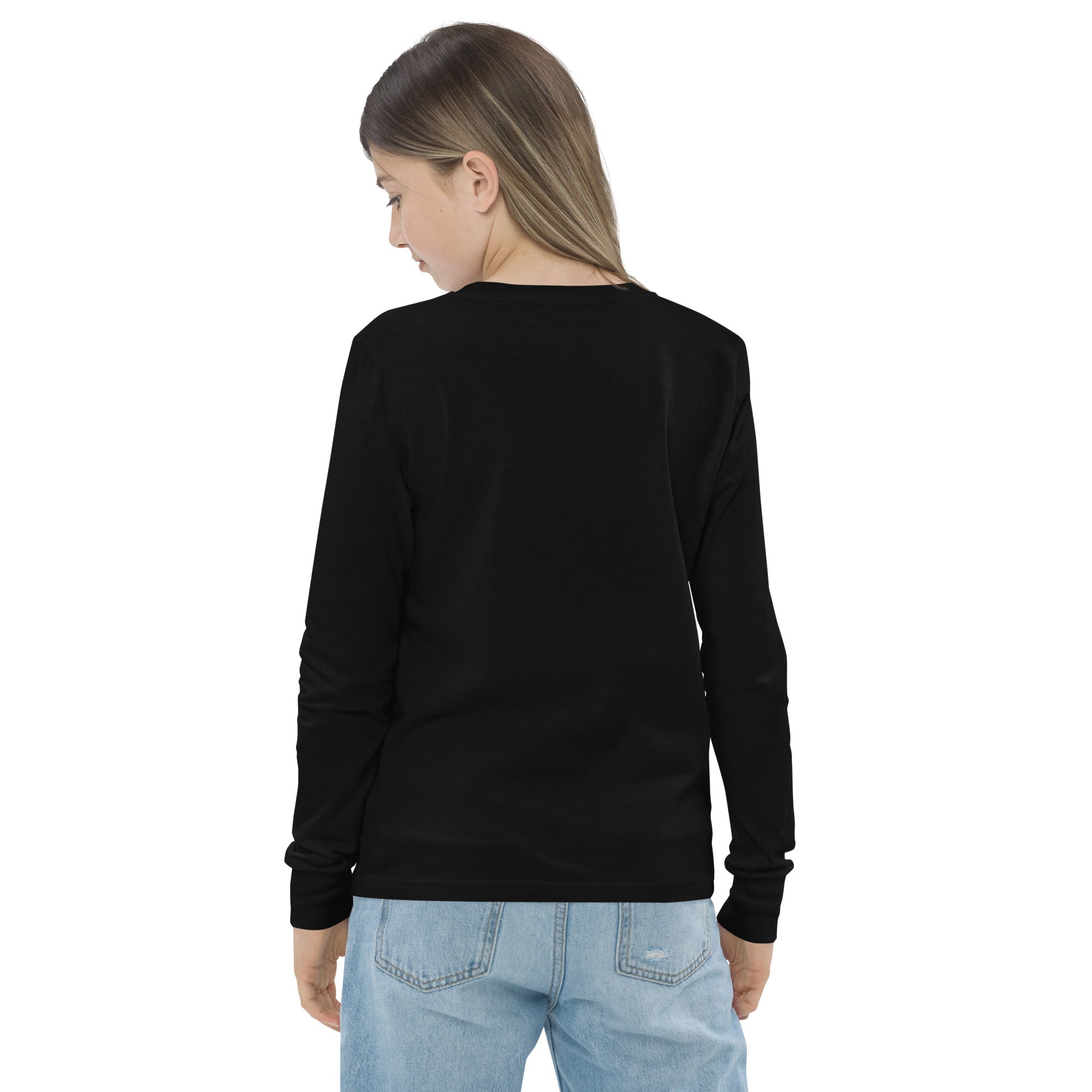 Girls essential long sleeve t-shirt in black, back view.