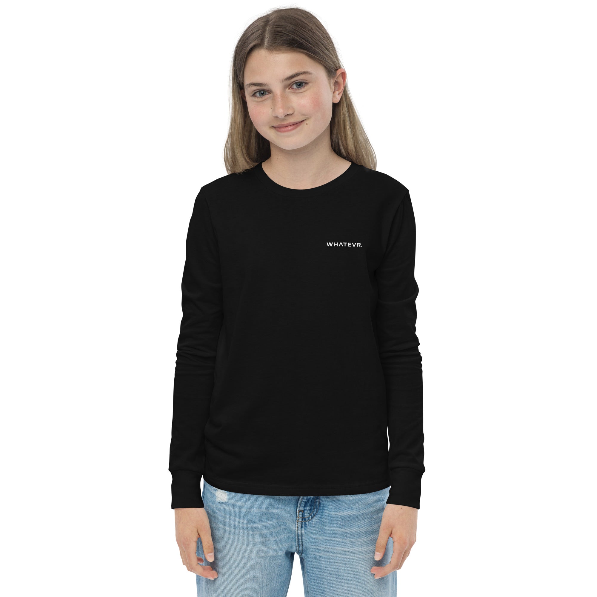 Girls essential long sleeve t-shirt in black, front view.