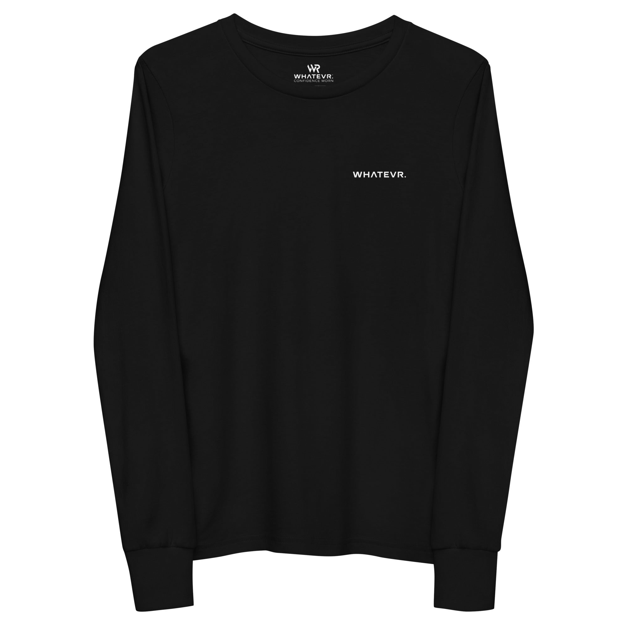 Girls essential long sleeve t-shirt in black, front view.