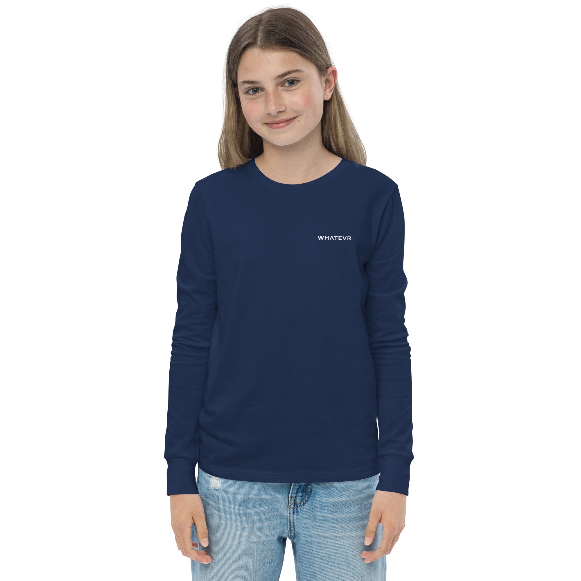 Girls essential long sleeve t-shirt in blue, front view.