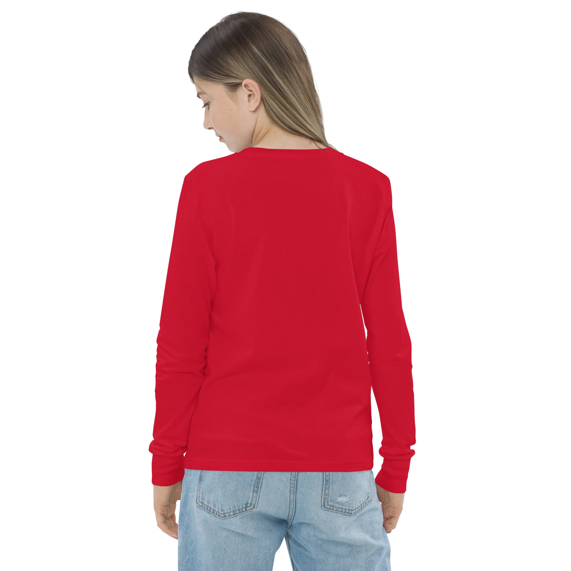 Girls essential long sleeve t-shirt in red, back view.