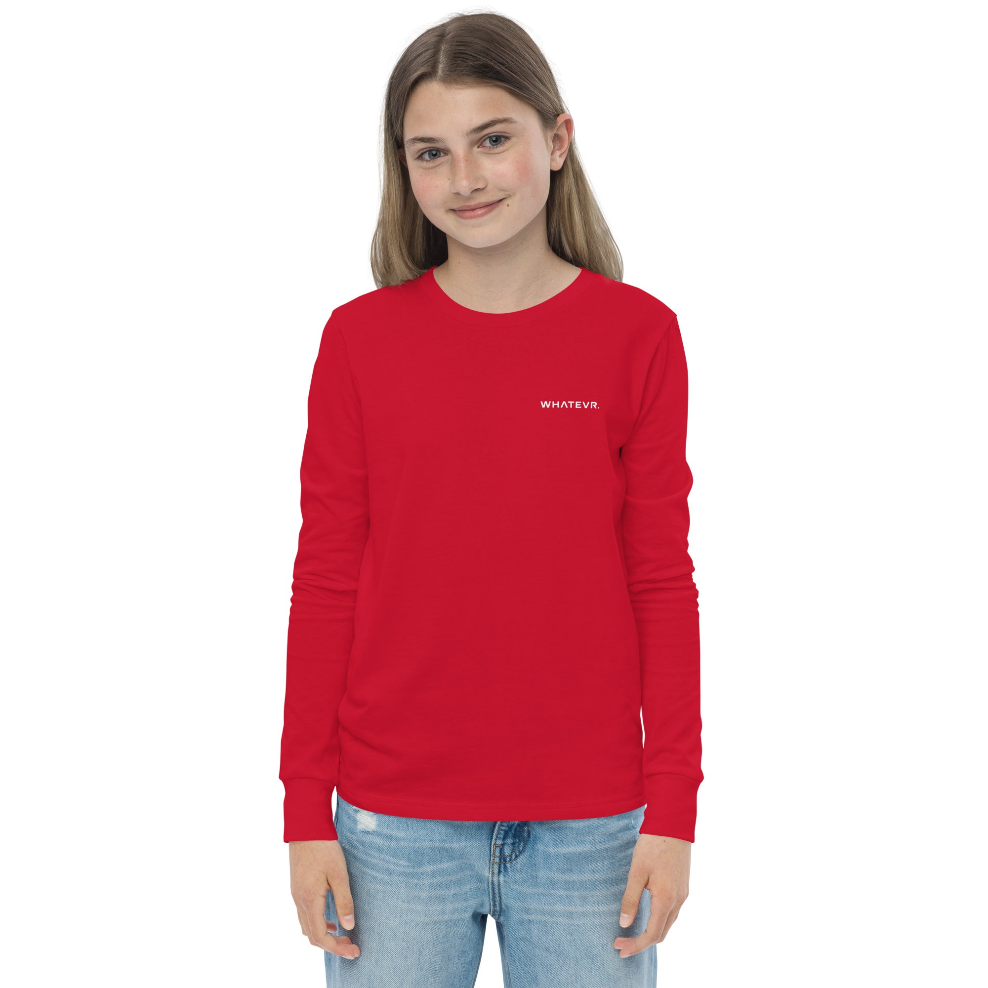 Girls essential long sleeve t-shirt in red, front view.