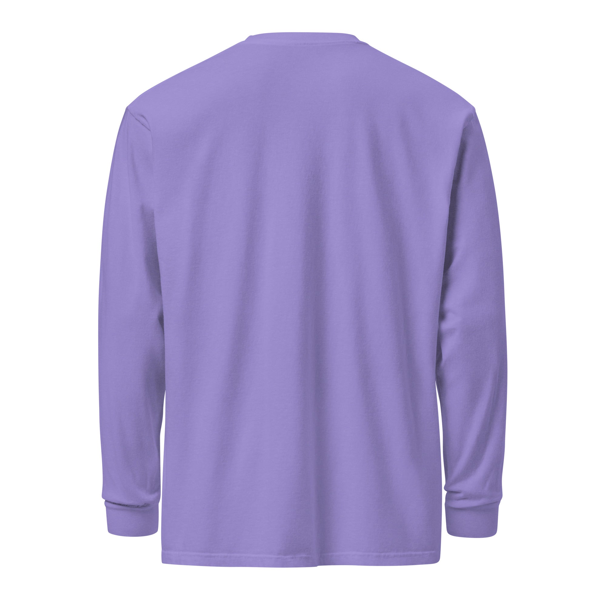 Men's heavyweight long sleeve t-shirt in purple, back view