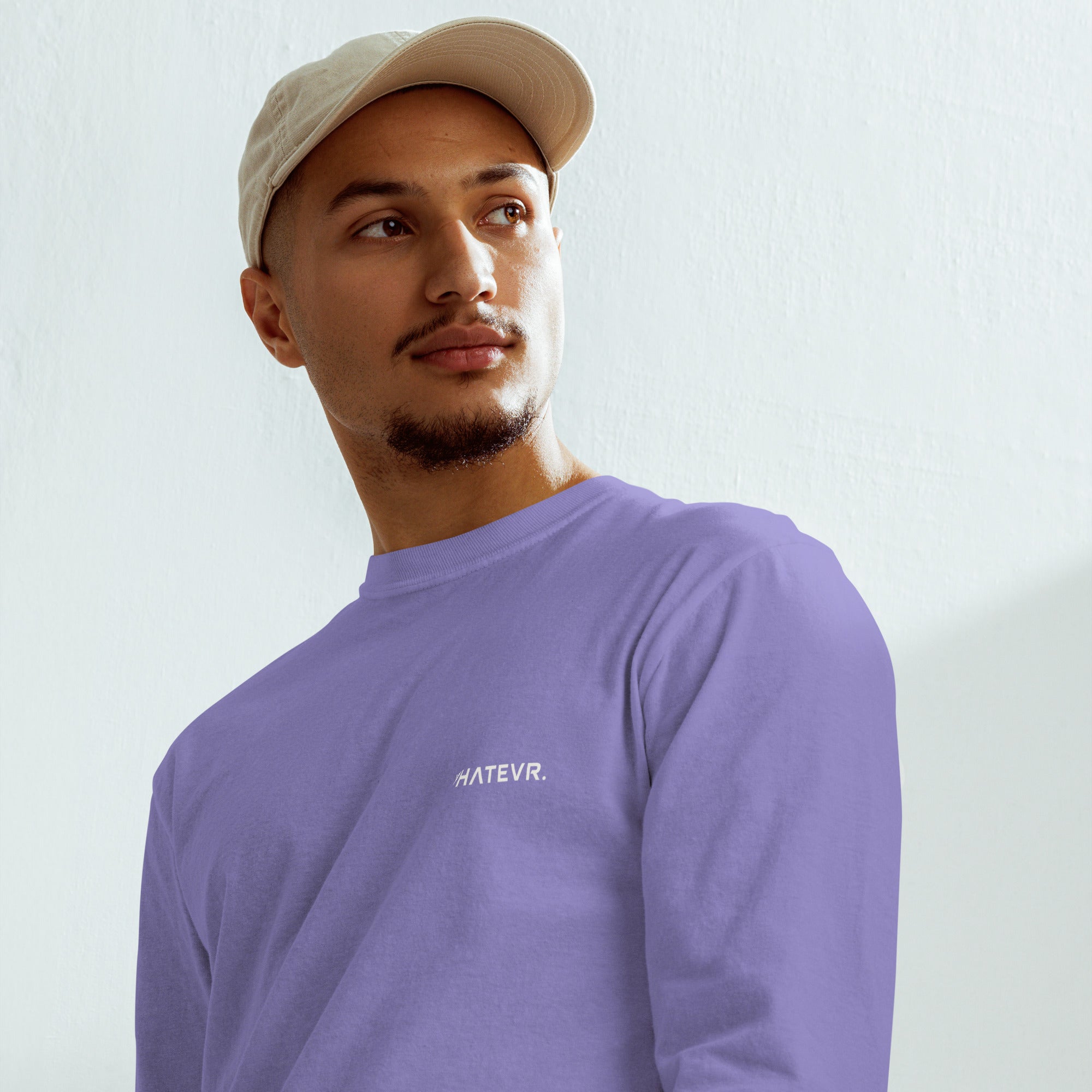 Men's heavyweight long sleeve t-shirt in purple, front view