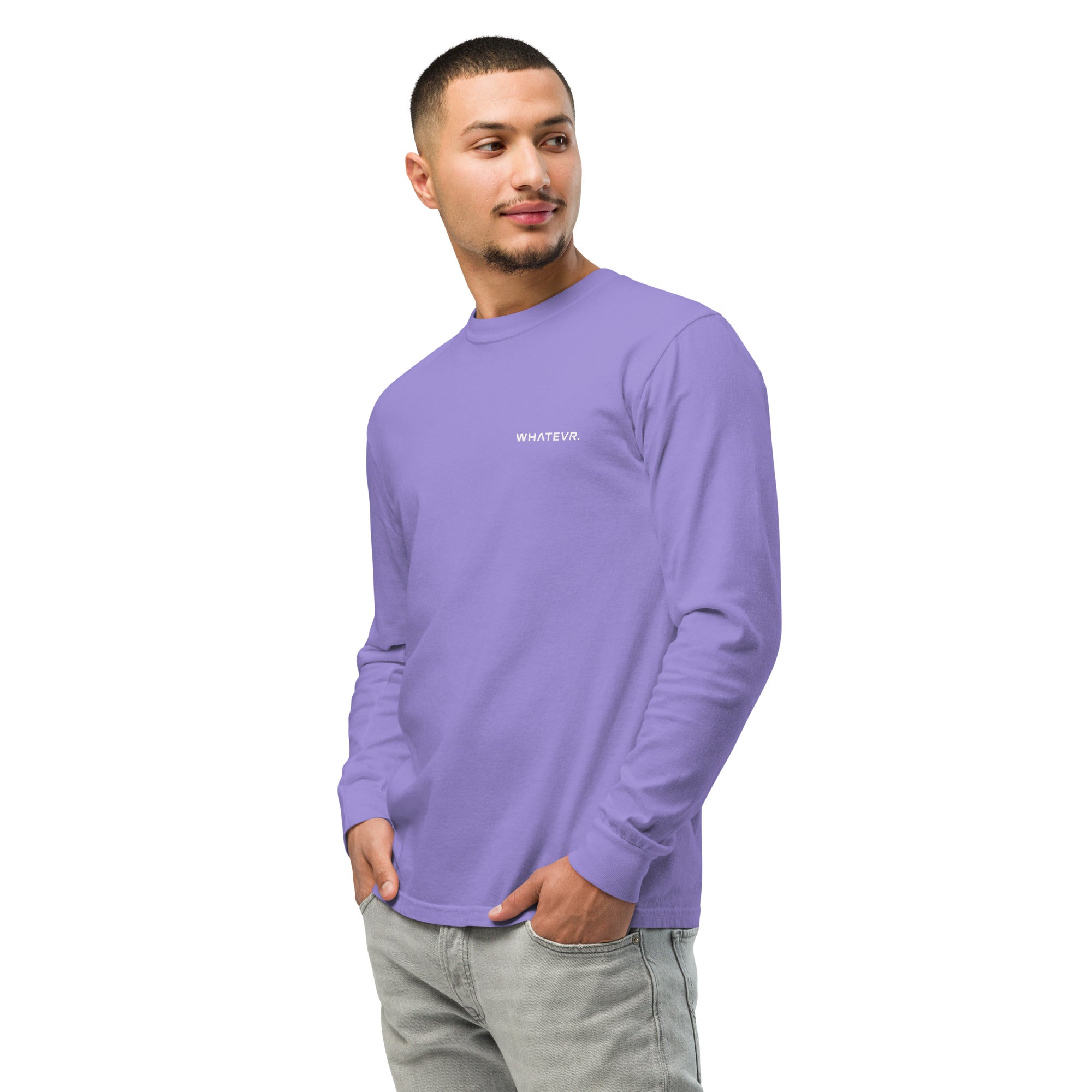 Men's heavyweight long sleeve t-shirt in purple, front view