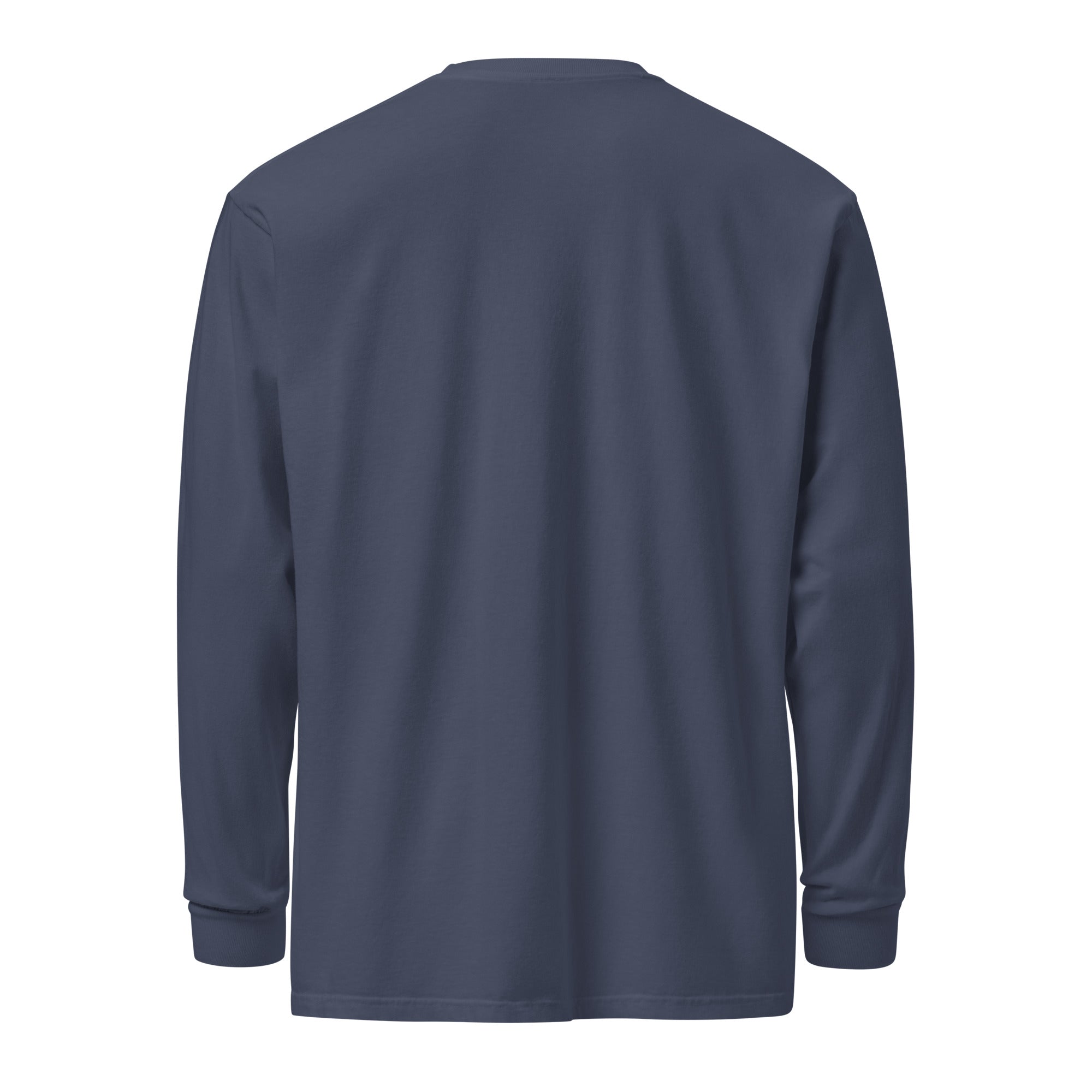 Men's heavyweight long sleeve t-shirt in blue, back view
