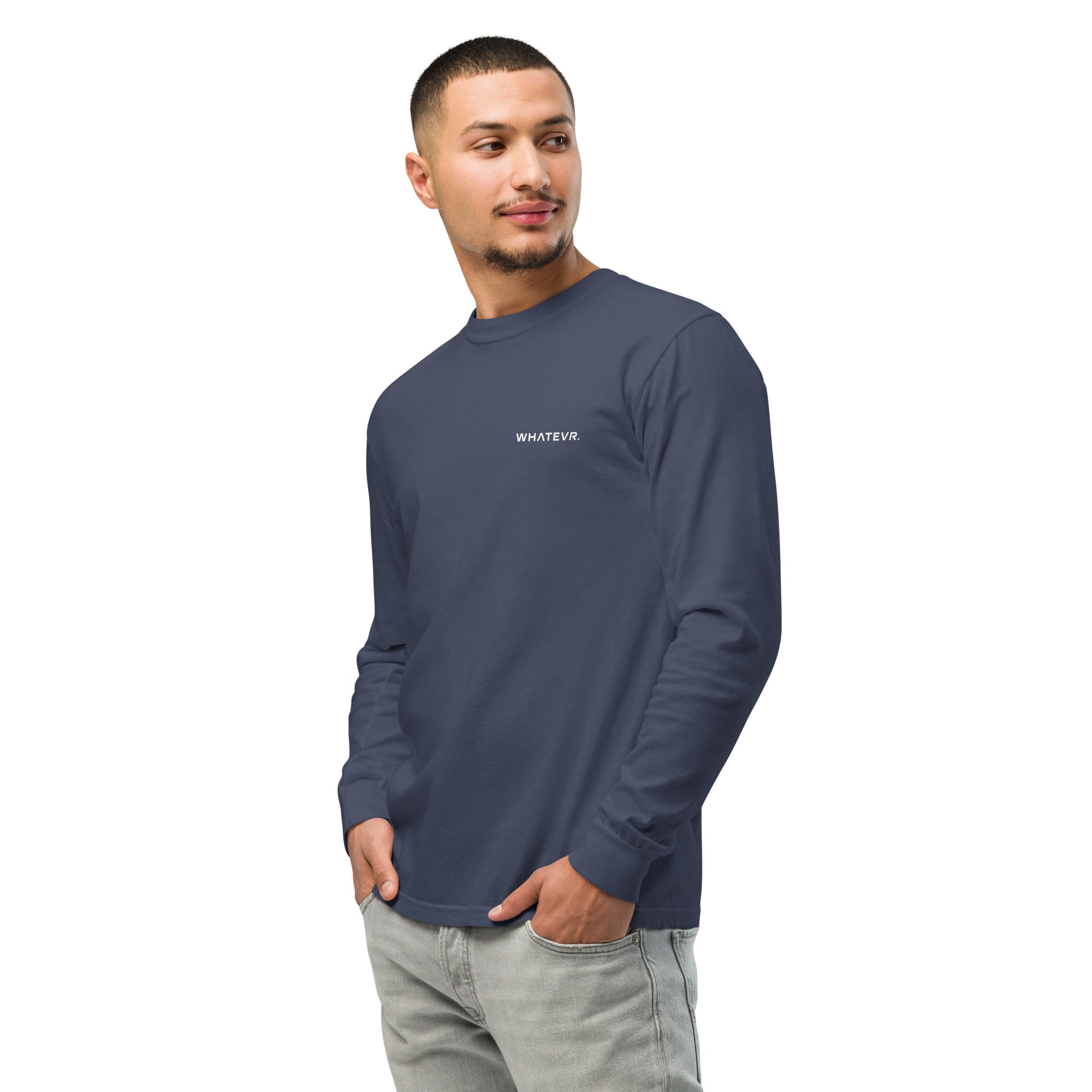 Men's heavyweight long sleeve t-shirt in blue, front view
