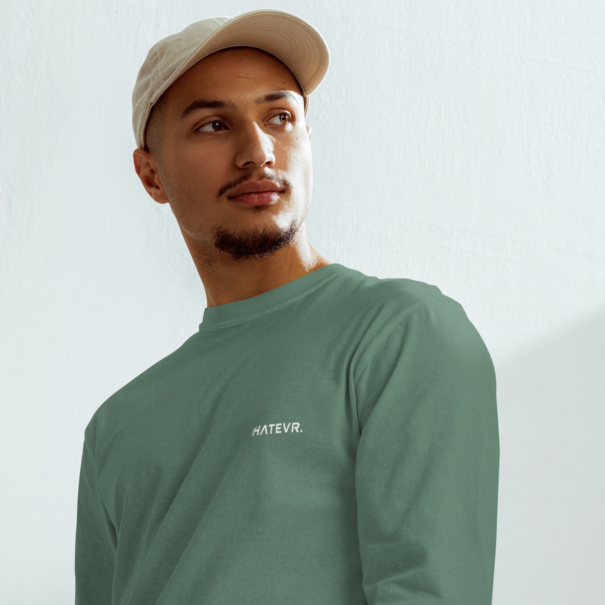 Men's heavyweight long sleeve t-shirt in green, front view