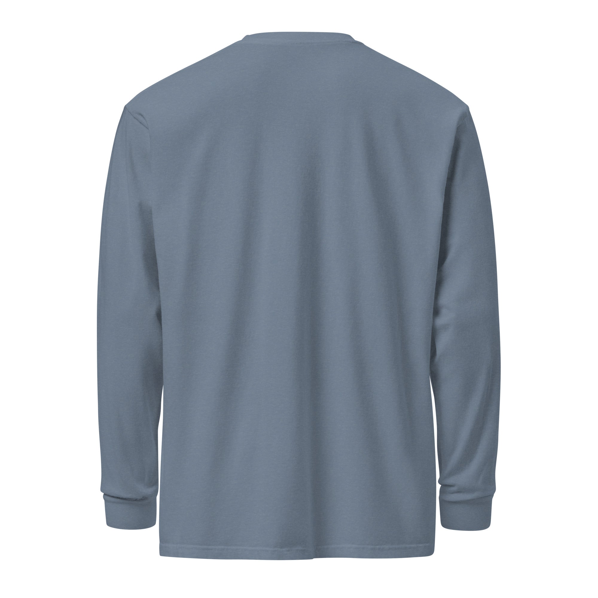 Men's heavyweight long sleeve t-shirt in blue, back view