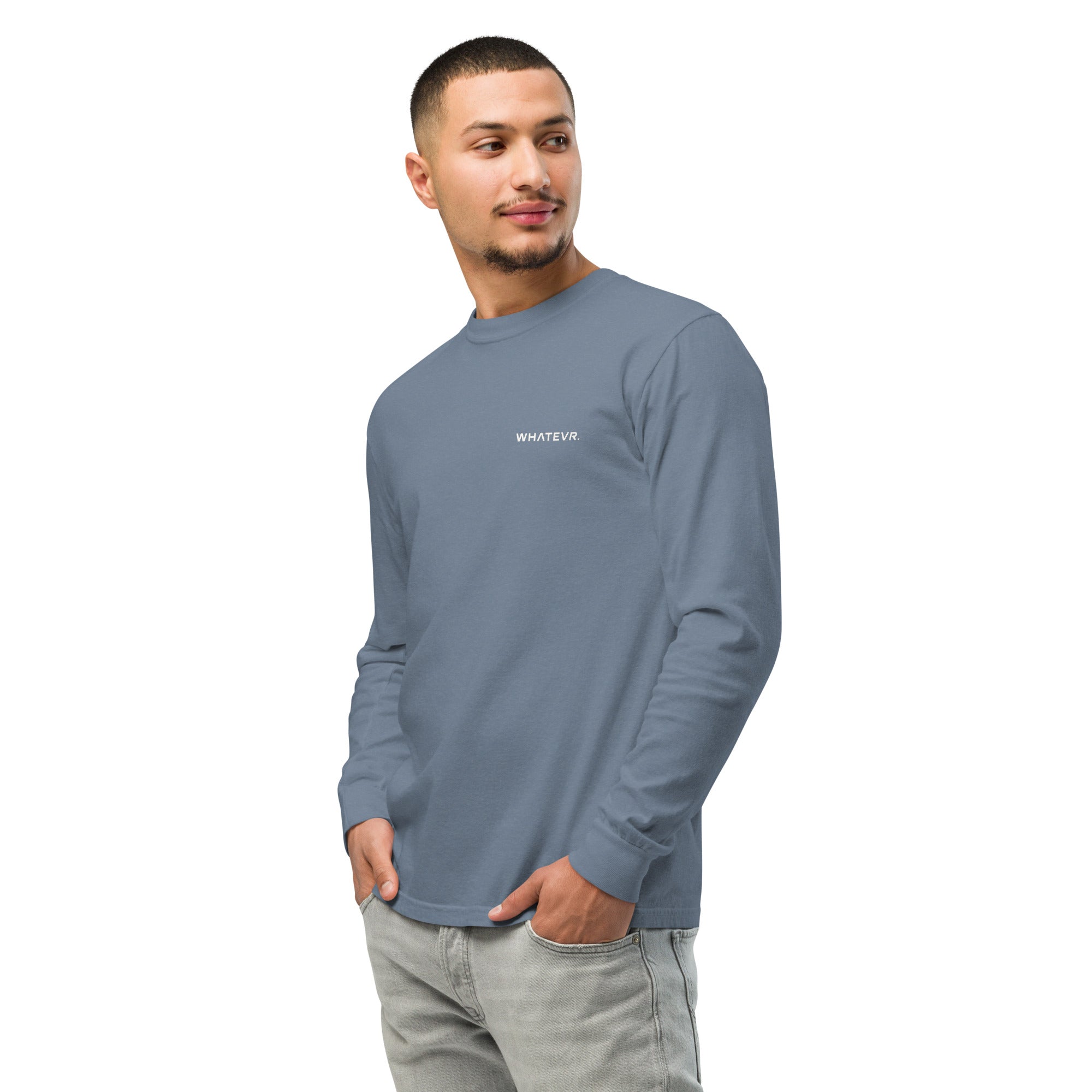 Men's heavyweight long sleeve t-shirt in blue, front view