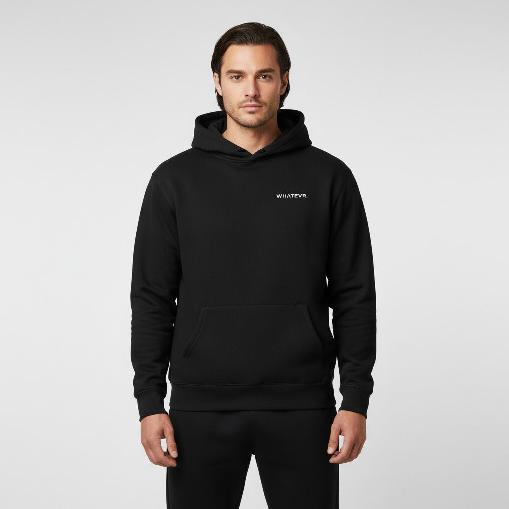 Men's premium heavyweight hoodie in black with "WHATEVR" text, front view