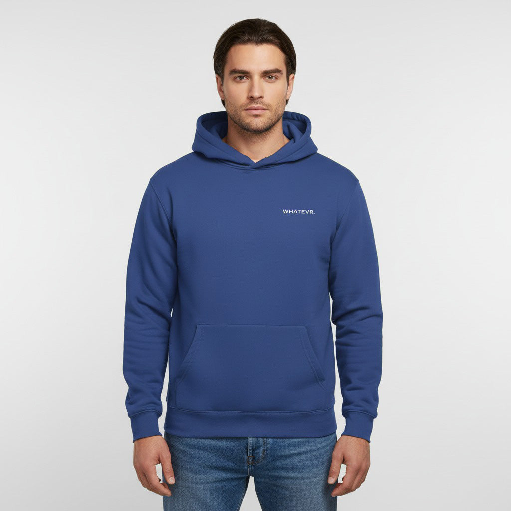 Men's premium heavyweight hoodie in blue with "WHATEVR" text, front view