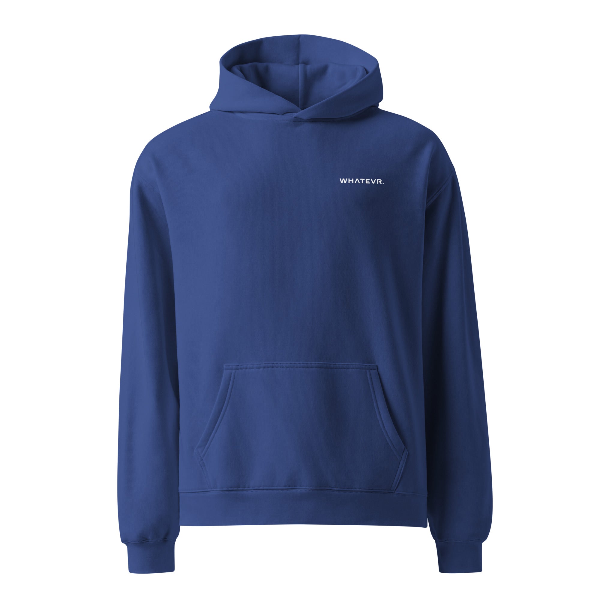 Men's premium heavyweight hoodie in blue with "WHATEVR" text, front view