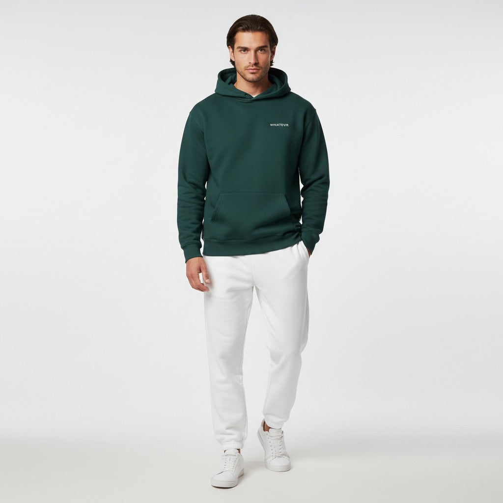 Men's premium heavyweight hoodie in green with "WHATEVR" text, front view