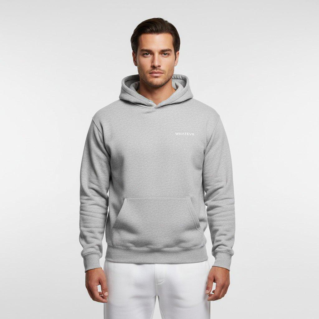 Men's premium heavyweight hoodie in light gray with "WHATEVR" text, front view