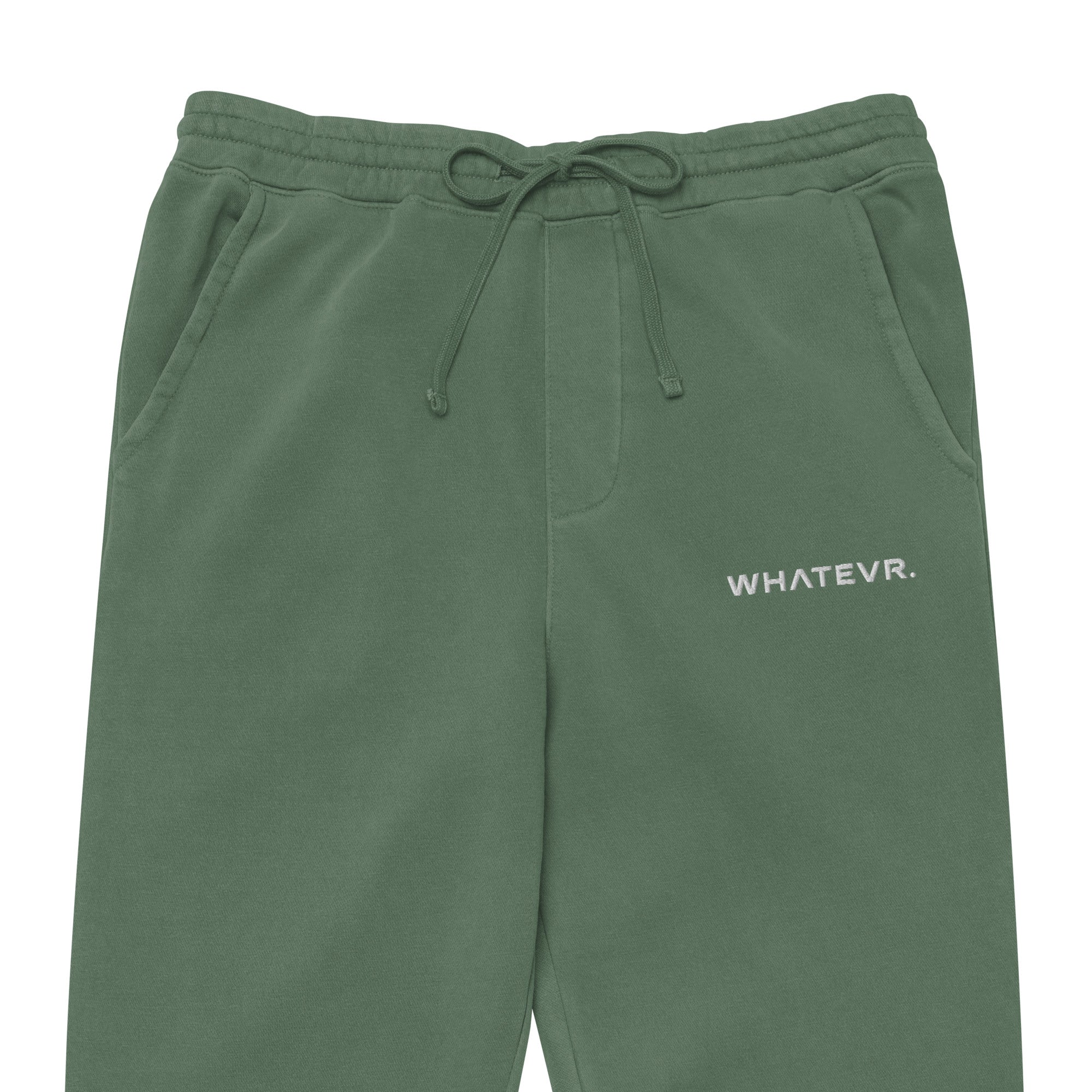 Men's essential relaxed sweatpants in green with embroidered detailing, front view.