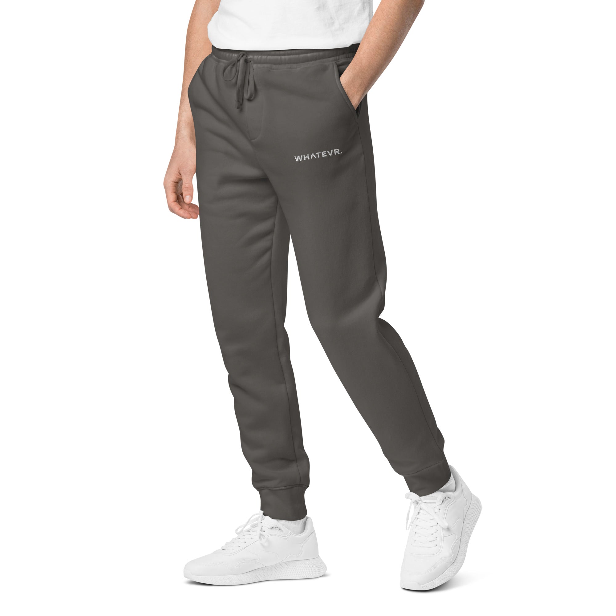 Men's essential relaxed sweatpants in grey with embroidered detailing, front view.