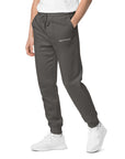 Men's essential relaxed sweatpants in grey with embroidered detailing, front view.