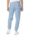 Men's essential relaxed sweatpants in blue, back view.