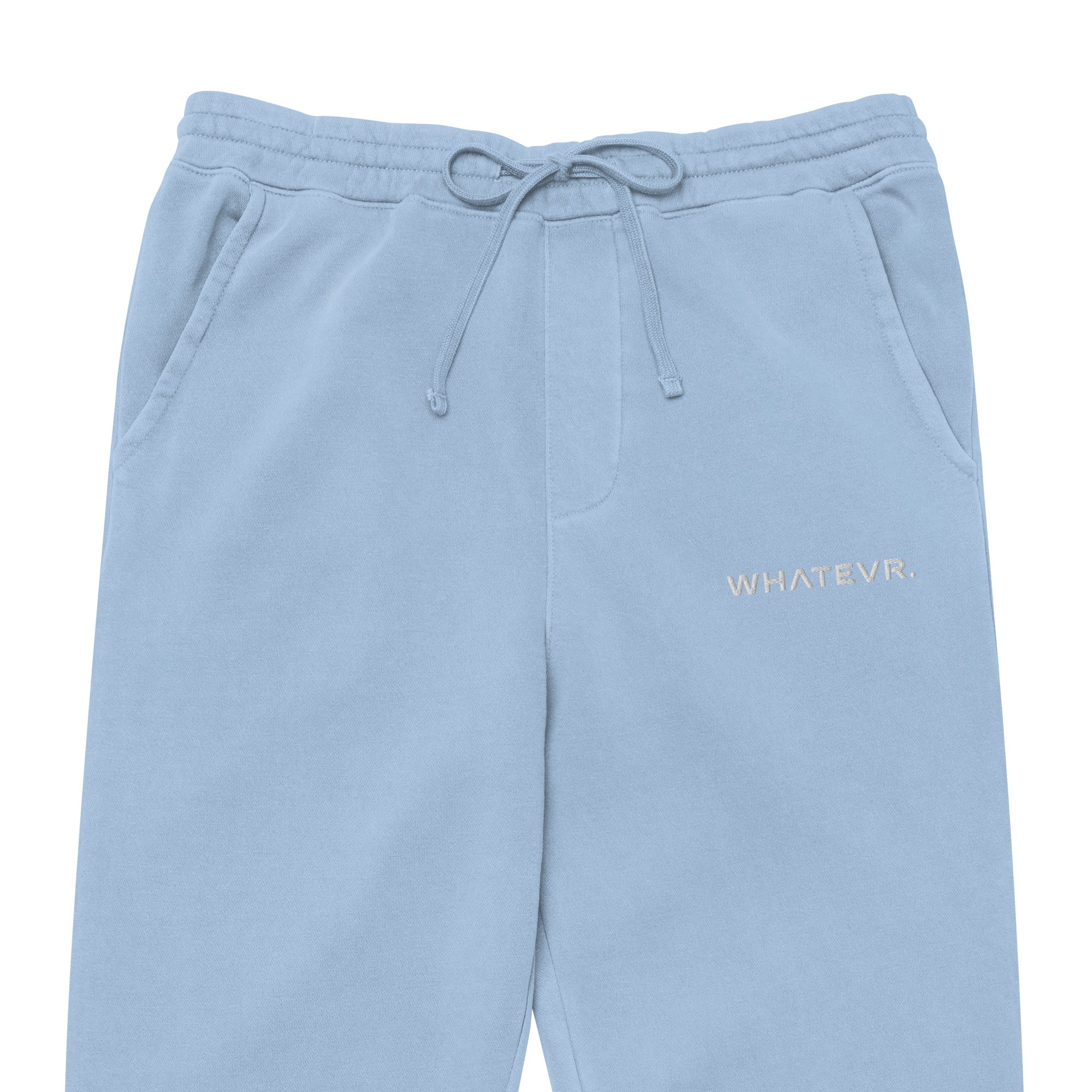 Men's essential relaxed sweatpants in blue with embroidered detailing, front view.